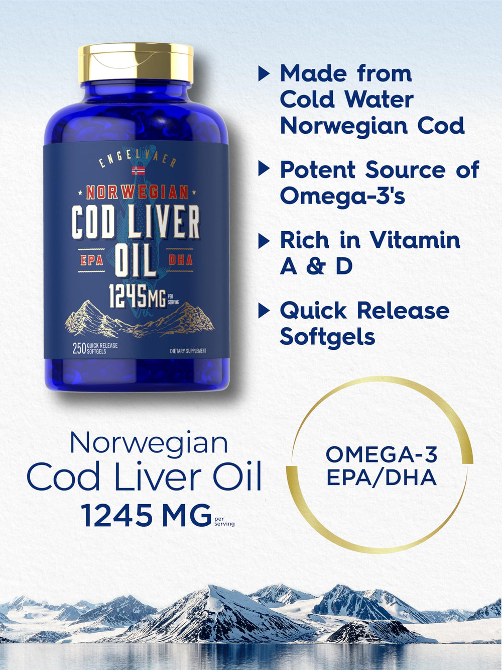 Carlyle Cod Liver Oil Softgels box packaging highlighting Norwegian origin