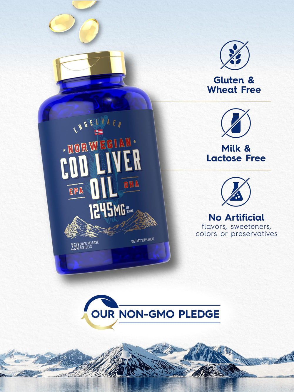Carlyle Cod Liver Oil Softgels lab tested seal indicating quality