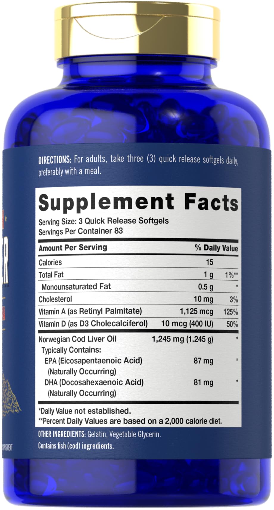 Carlyle Cod Liver Oil Softgels label closeup showing non-GMO and gluten-free notes