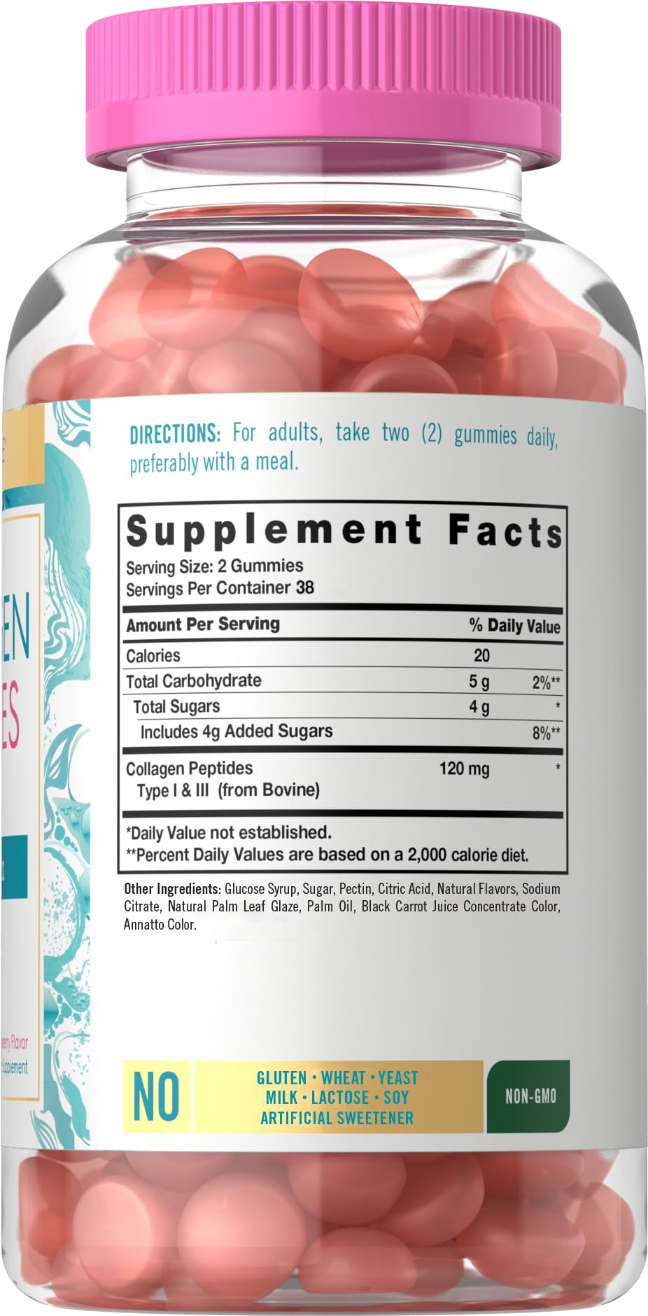 Carlyle Collagen Gummies bottle side showing serving size and clarity.