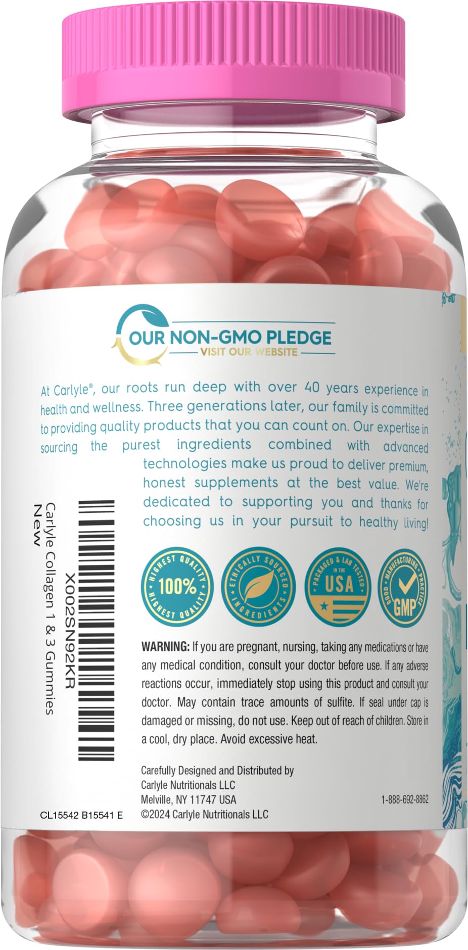 Closeup of Carlyle Collagen Gummies showing chewy texture and color.