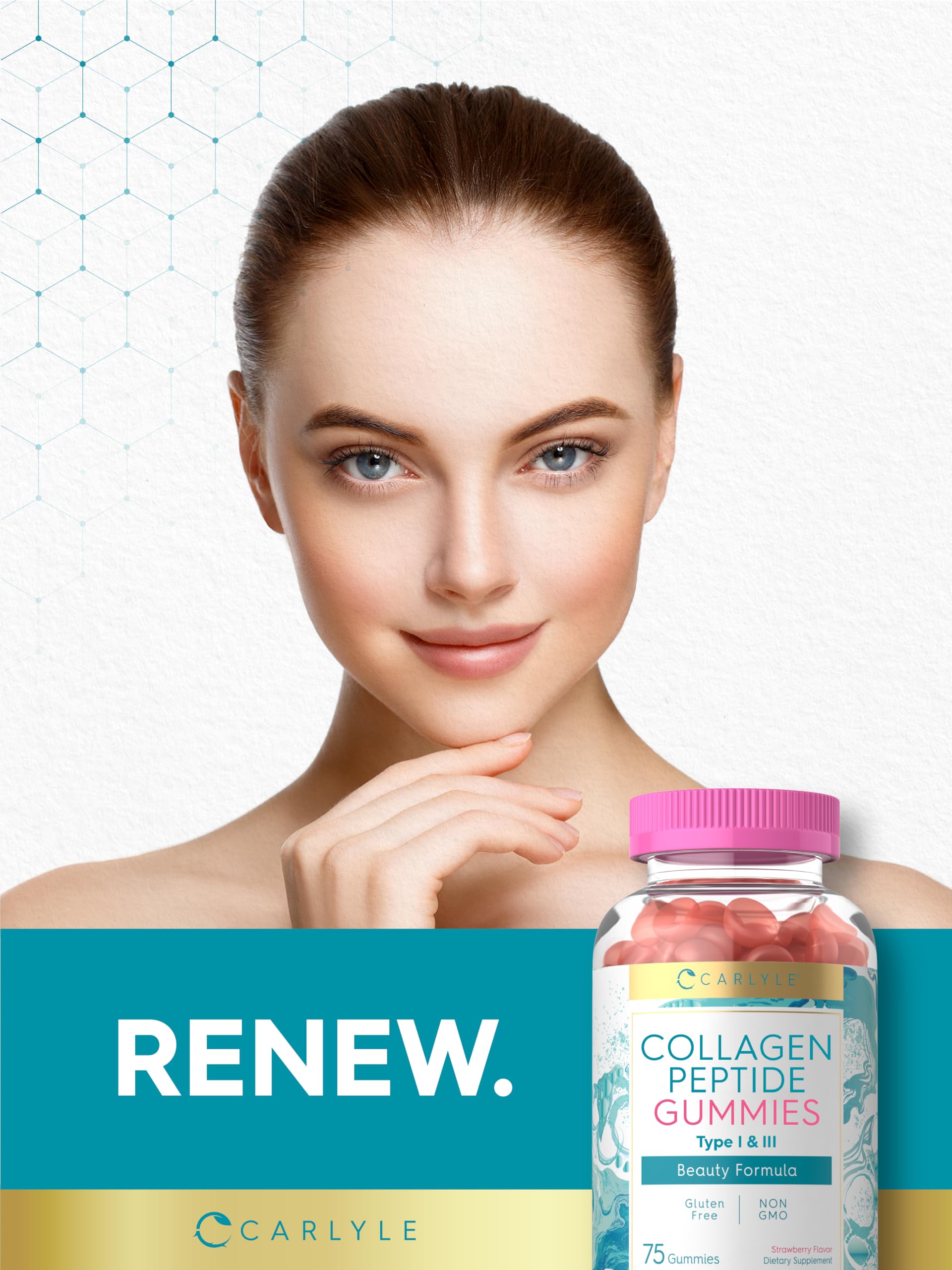 Packaging design for Carlyle Collagen Gummies emphasizes purity and lab-tested quality.