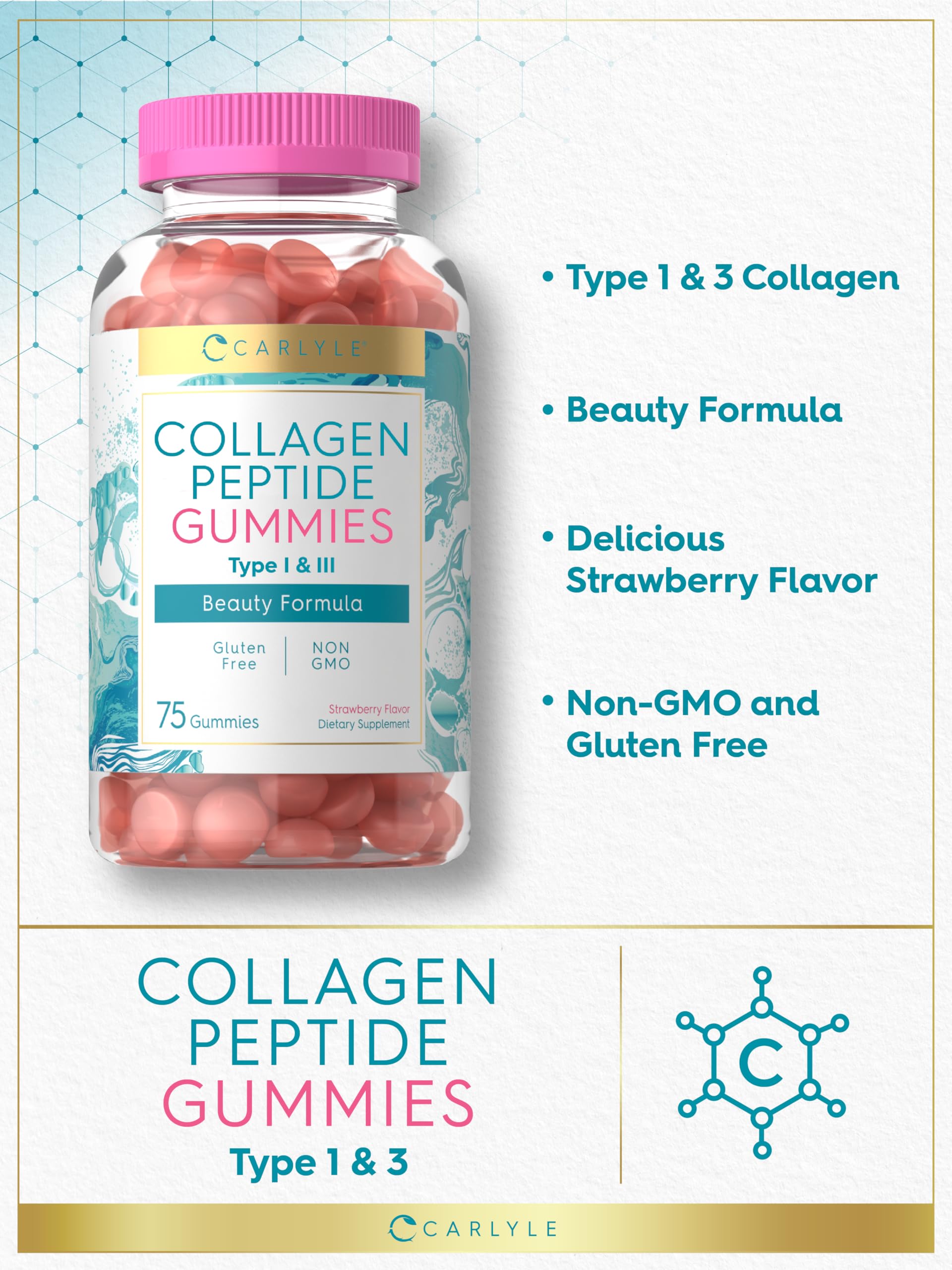 Strawberry-flavored Carlyle Collagen Gummies pack highlights non-GMO and gluten-free.