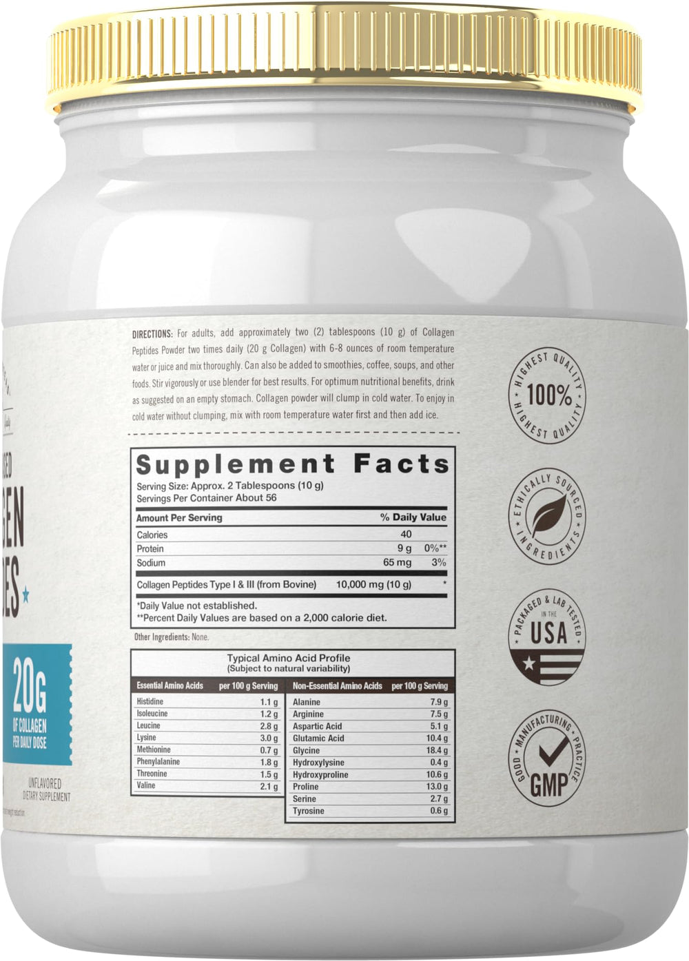 Carlyle collagen powder unflavored bottle close-up for easy blending into beverages.