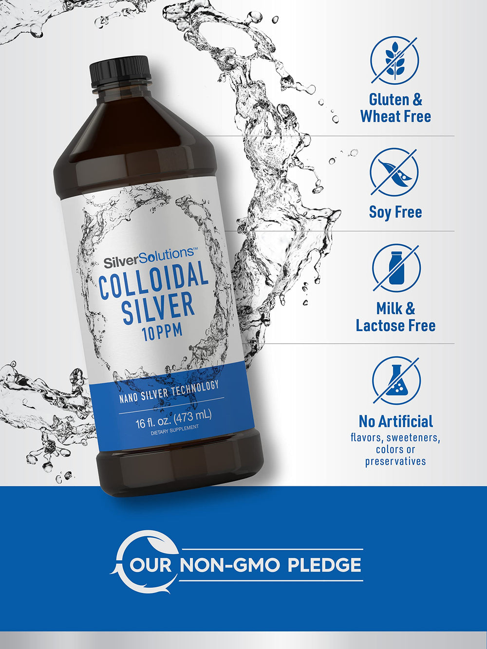 Carlyle Colloidal Silver Liquid label closeup highlighting 10 PPM and nano technology.
