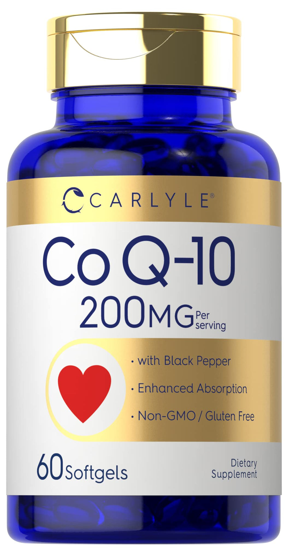 Carlyle CoQ10 200mg softgels bottle signaling daily antioxidant support