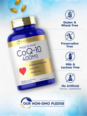 Carlyle CoQ10 packaging shows gluten-free and non-GMO seals
