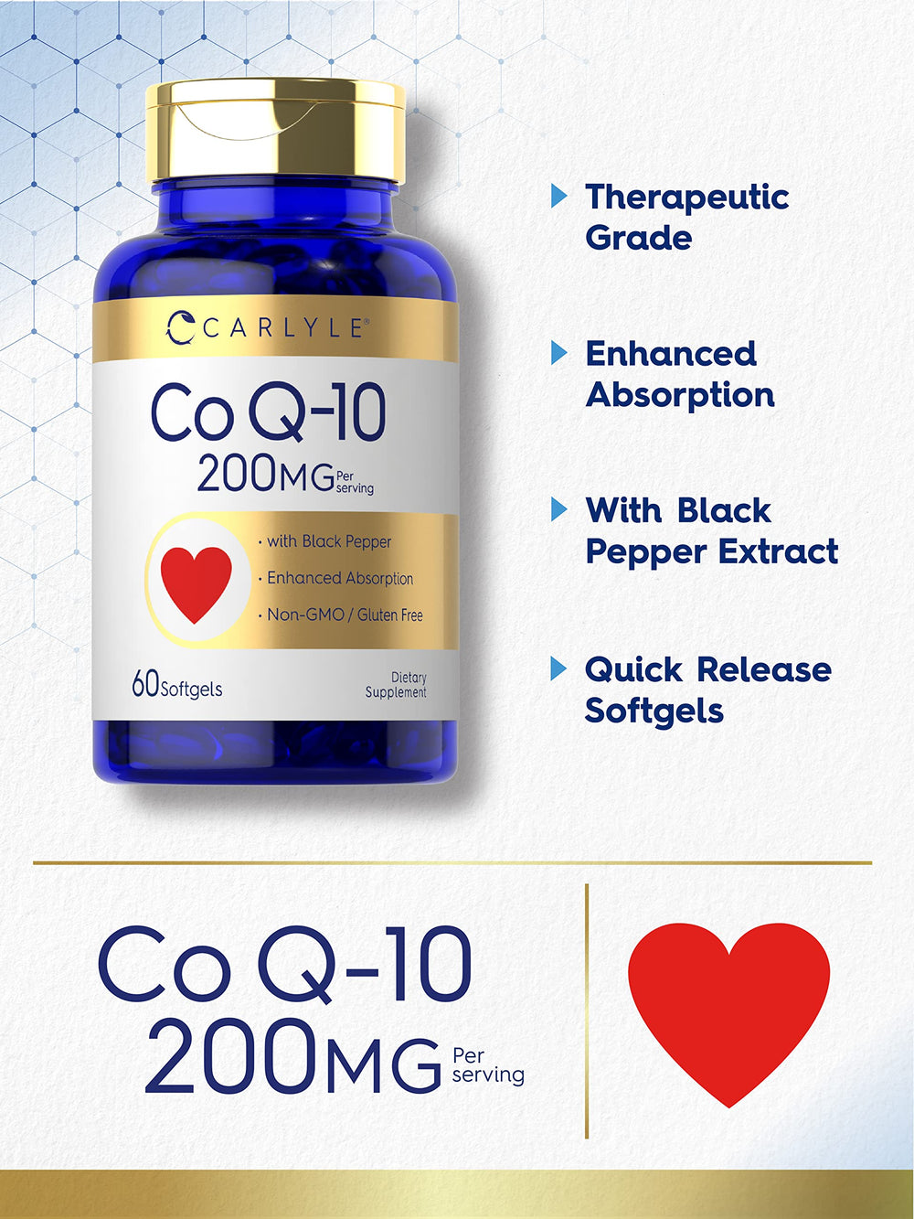 Carlyle CoQ10 ingredients label highlights purity and quality