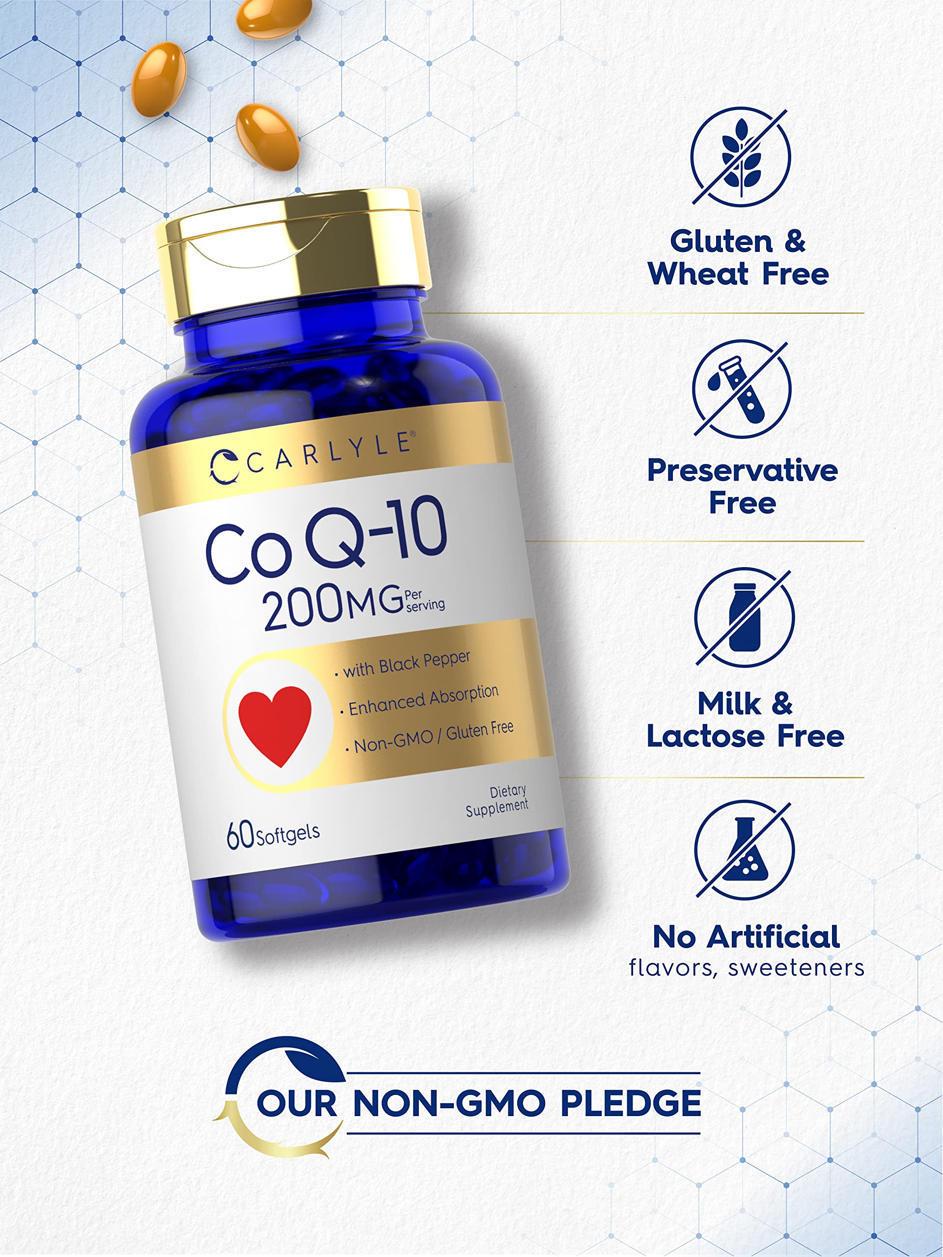 Carlyle CoQ10 softgels closeup showing smooth capsules