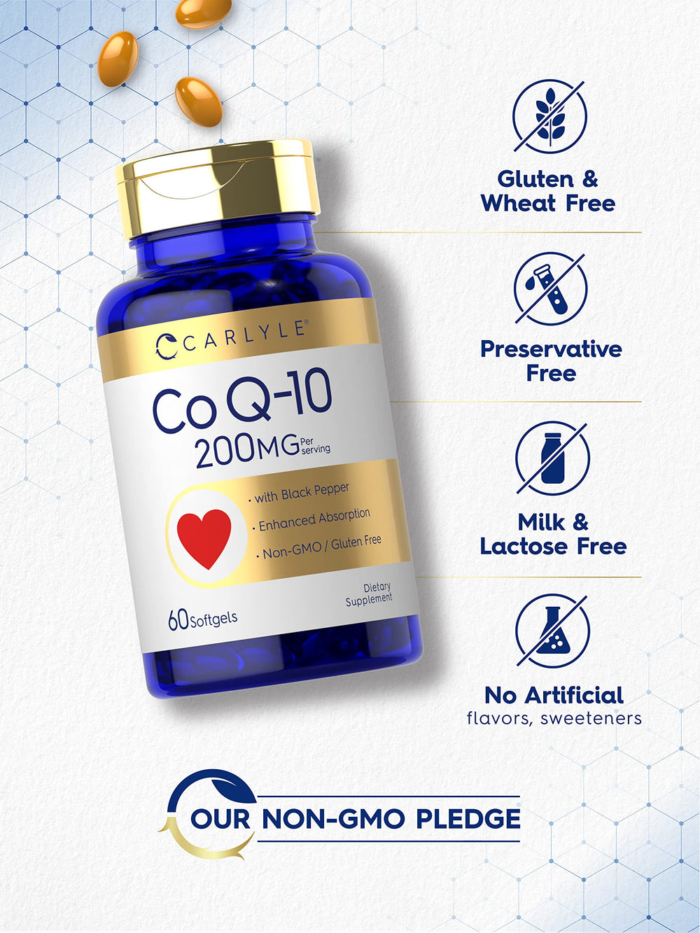 Carlyle CoQ10 softgels closeup showing smooth capsules