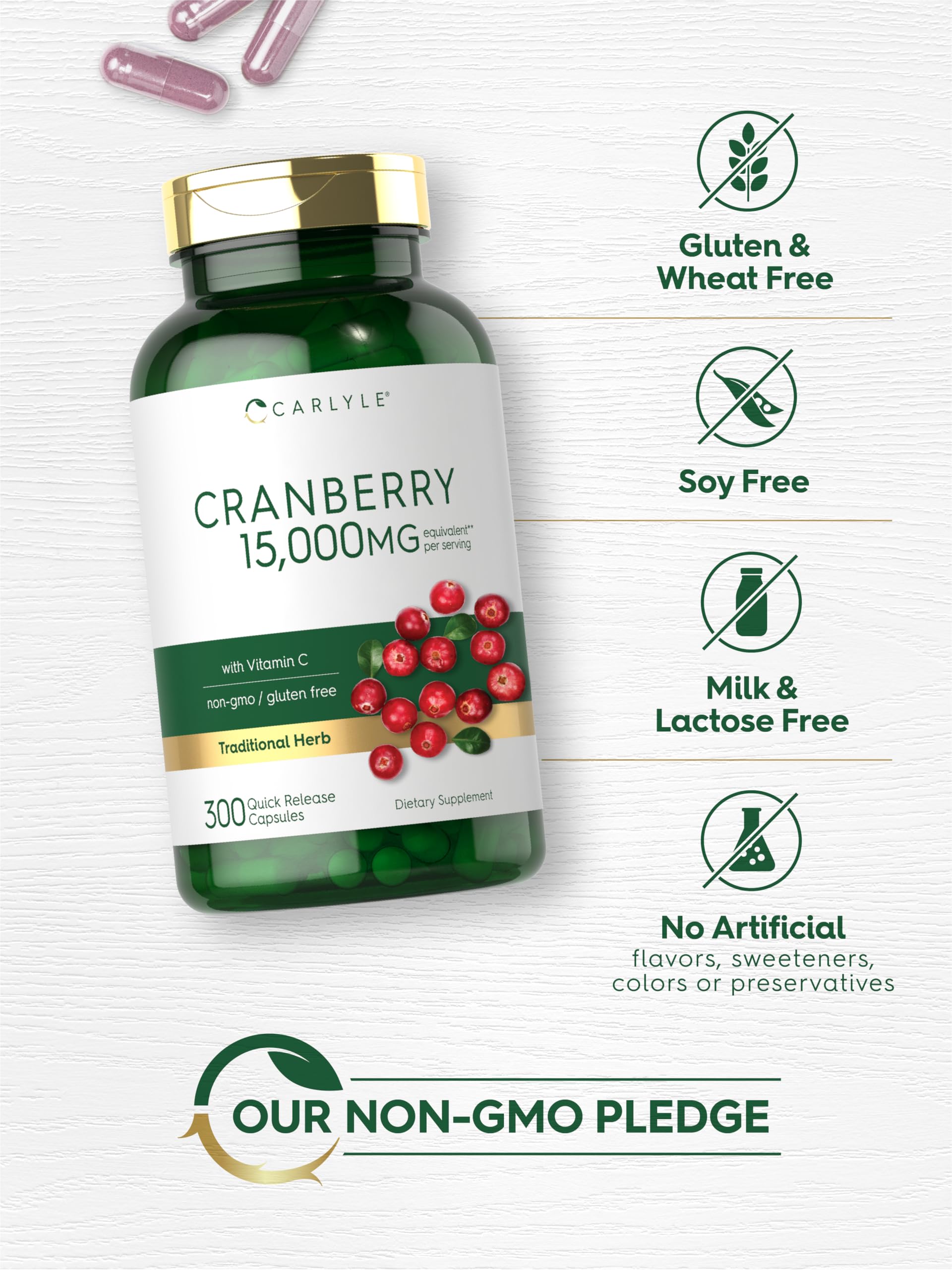 Carlyle Cranberry Pills gluten free and non GMO seals on packaging