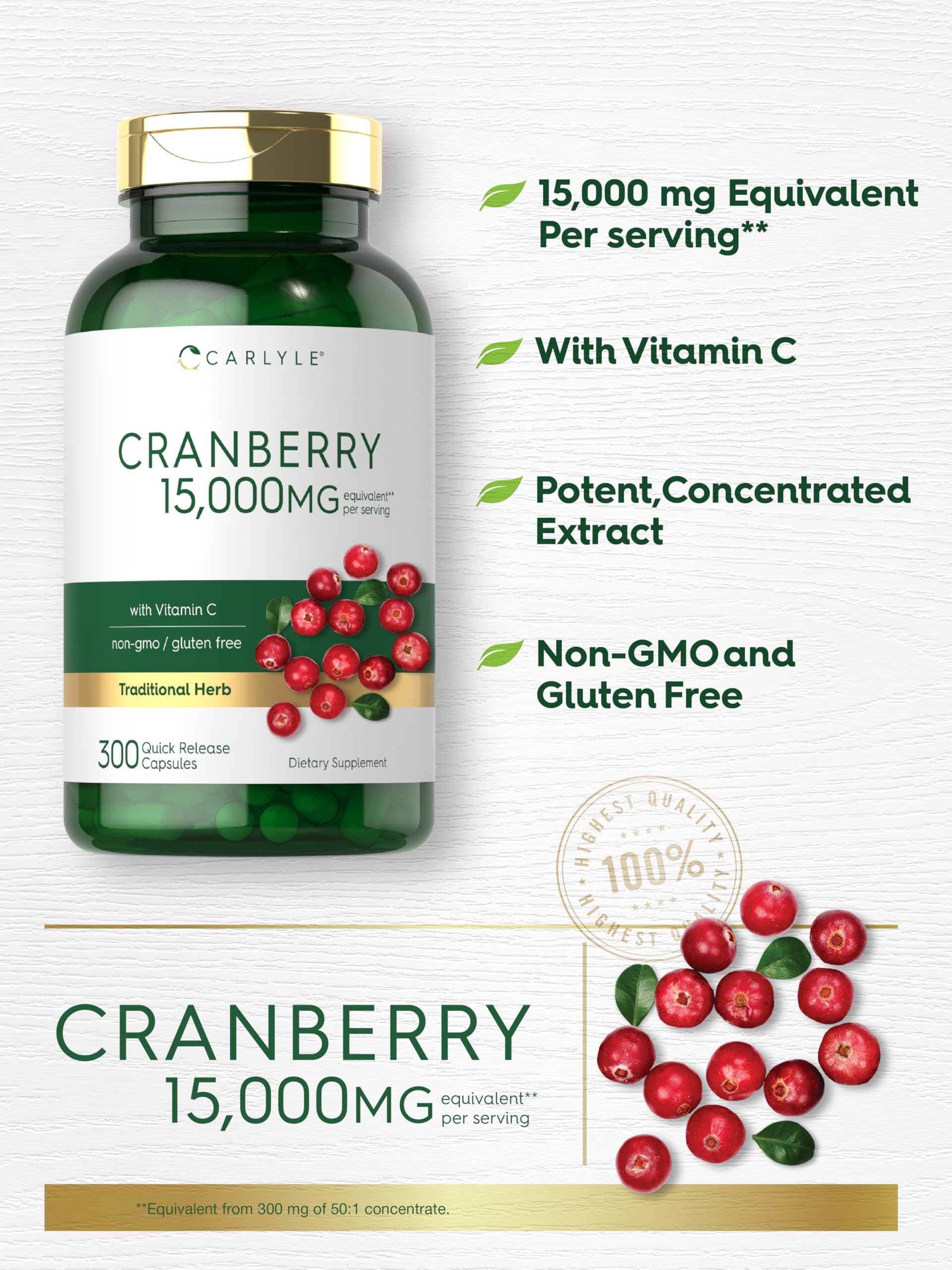 Carlyle Cranberry Pills ingredients panel with polyphenols and vitamin C