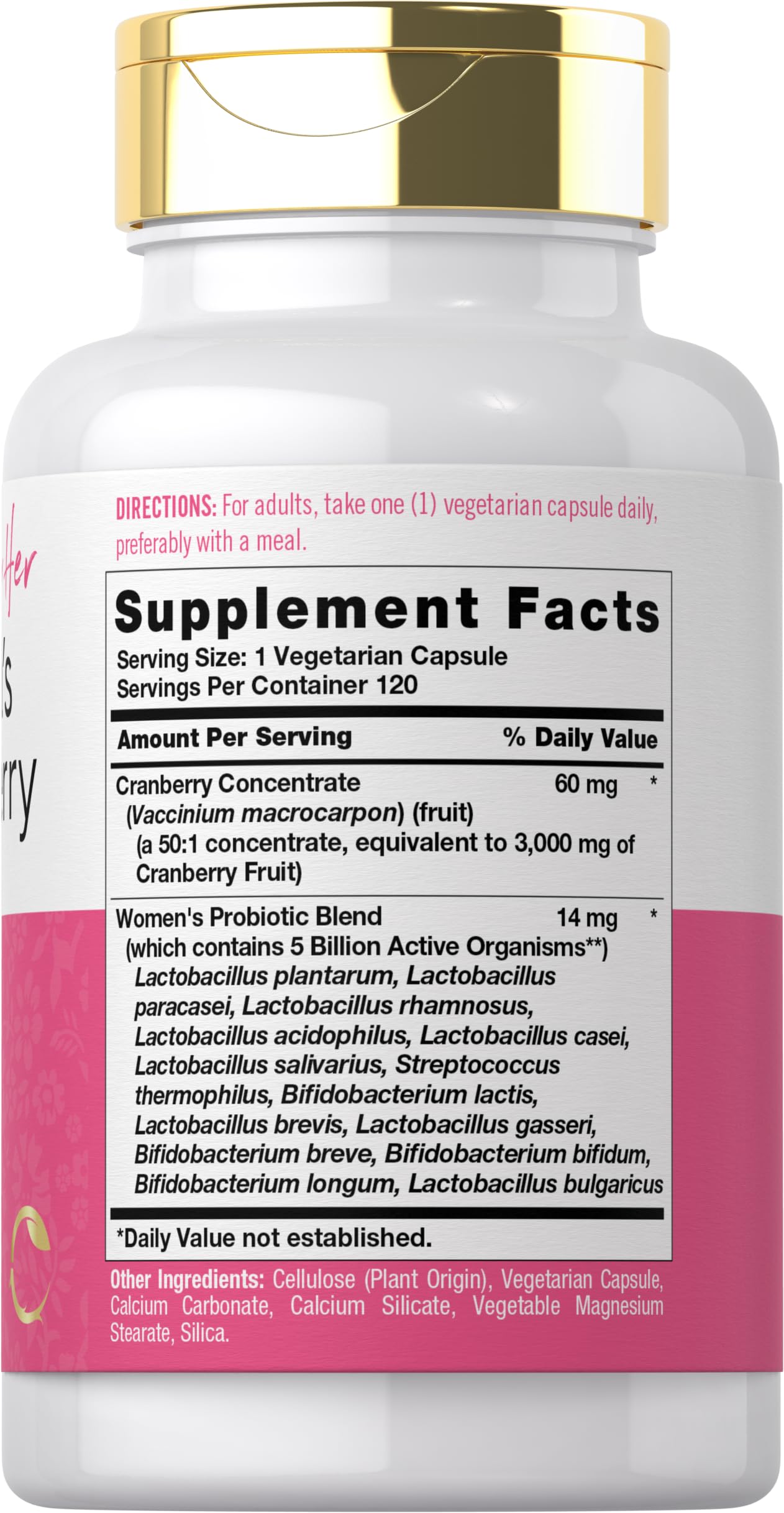 Carlyle Cranberry Plus Probiotics capsules close-up highlighting 14 strains.