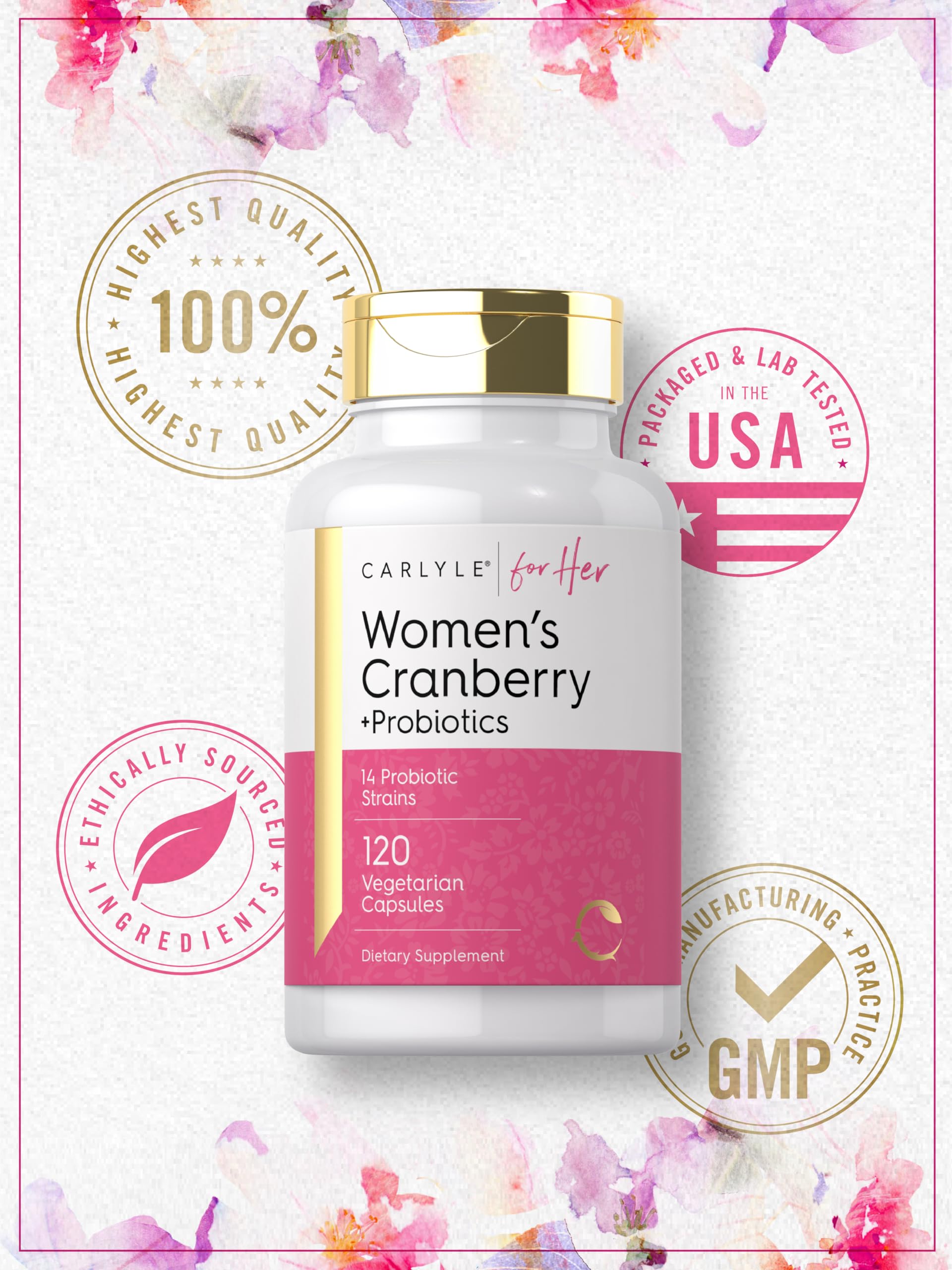 Carlyle Cranberry Plus Probiotics gluten-free and non-GMO badge visible.