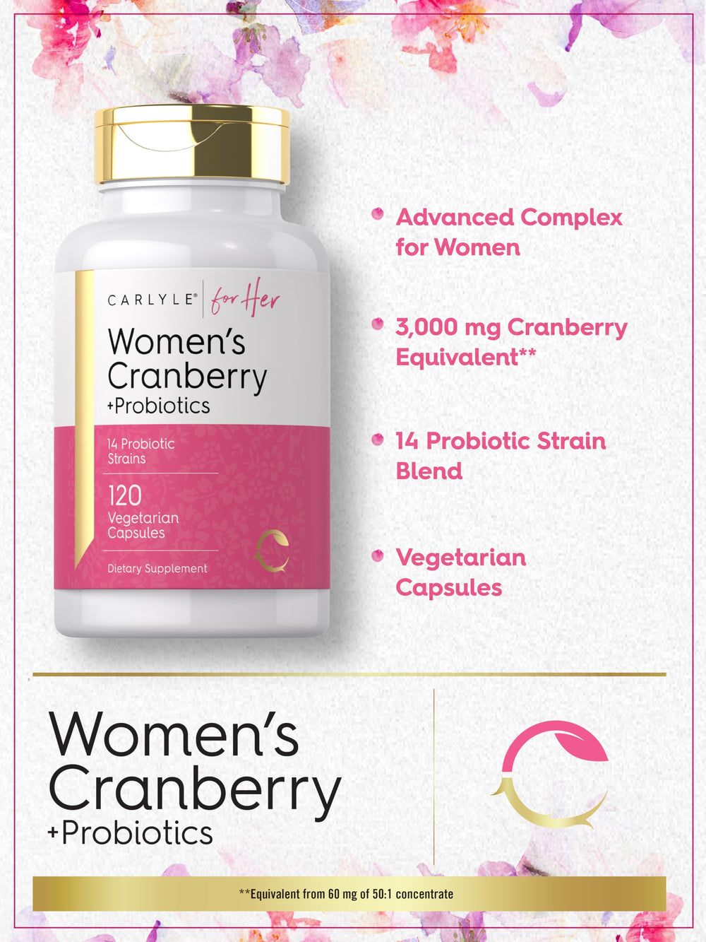Carlyle Cranberry Plus Probiotics ingredients panel emphasizes premium quality.