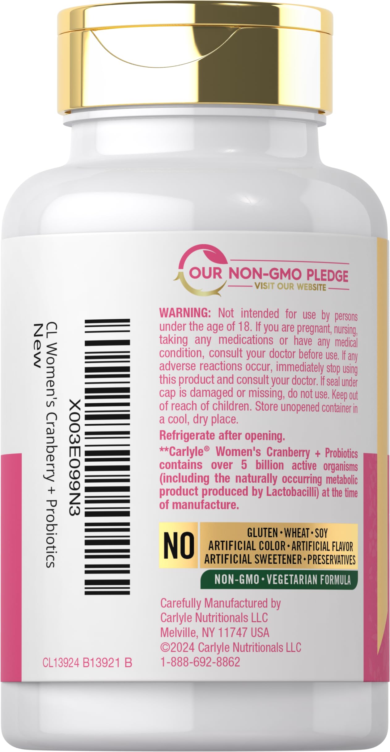 Carlyle Cranberry Plus Probiotics label detail communicates trusted ingredients.