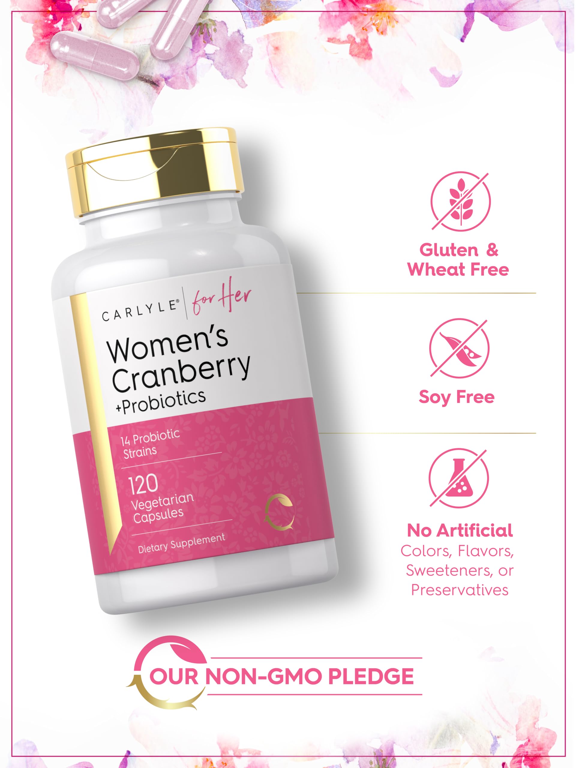 Carlyle Cranberry Plus Probiotics vegetarian capsule icon indicating suitability.