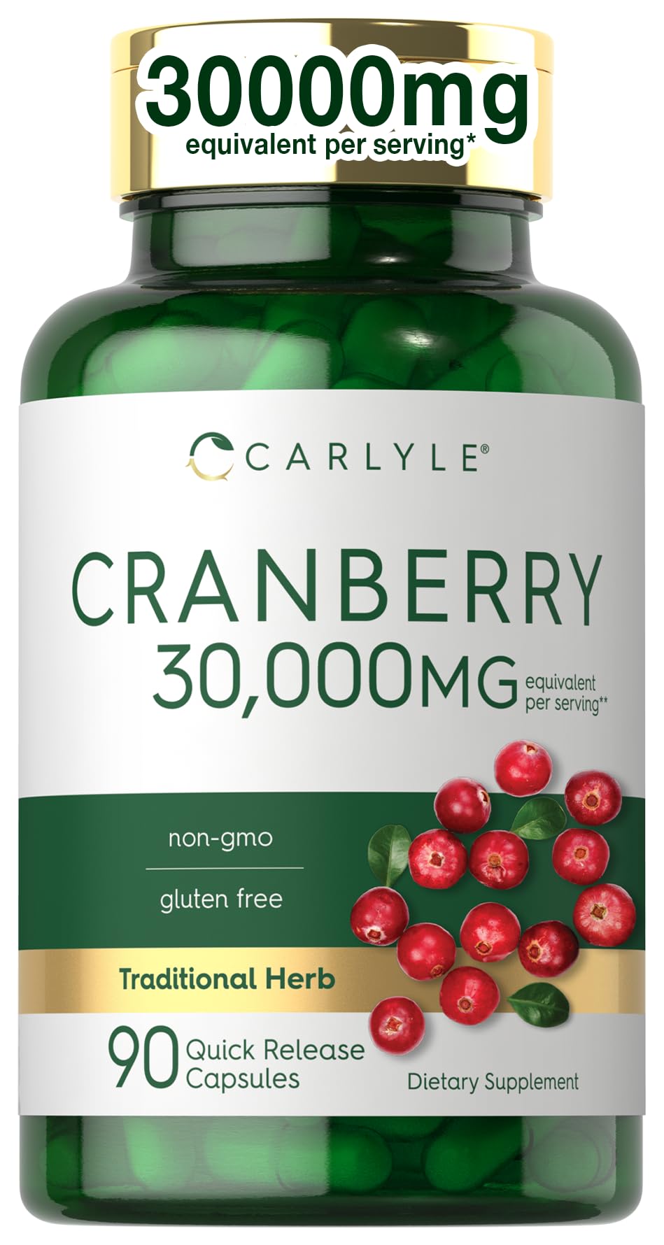 Carlyle Cranberry Supplement bottle front shows high potency cranberry formula for daily support.
