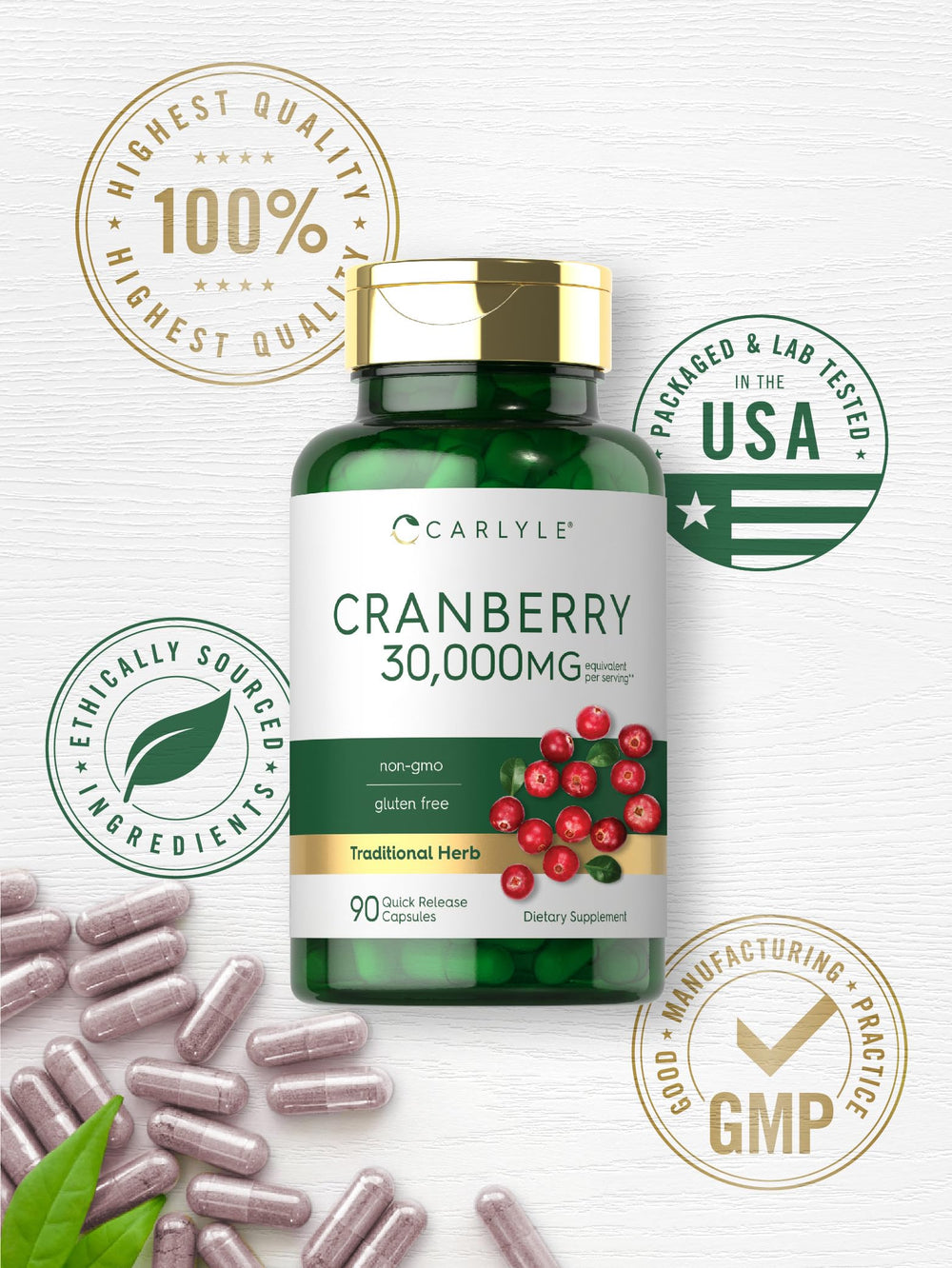 Carlyle Cranberry Supplement capsules close-up reveals smooth texture and dosage size.