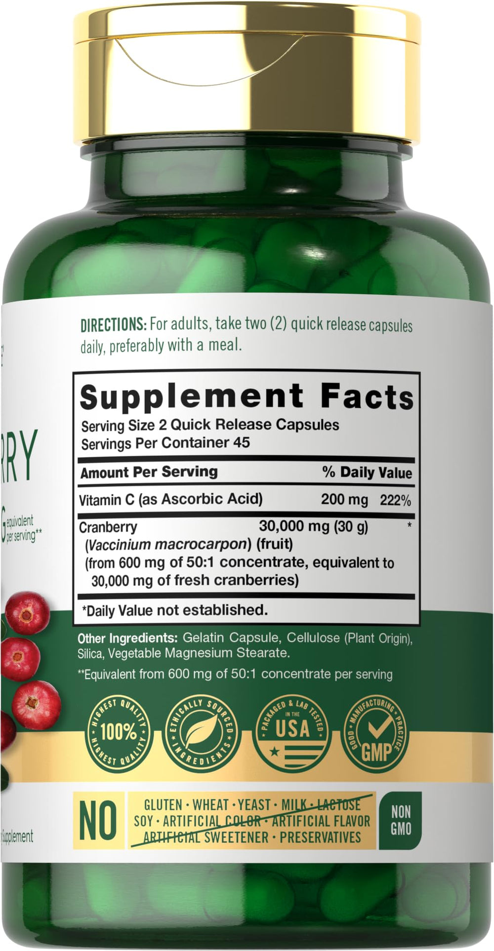 Carlyle Cranberry Supplement capsules inside bottle for easy, quick daily intake.