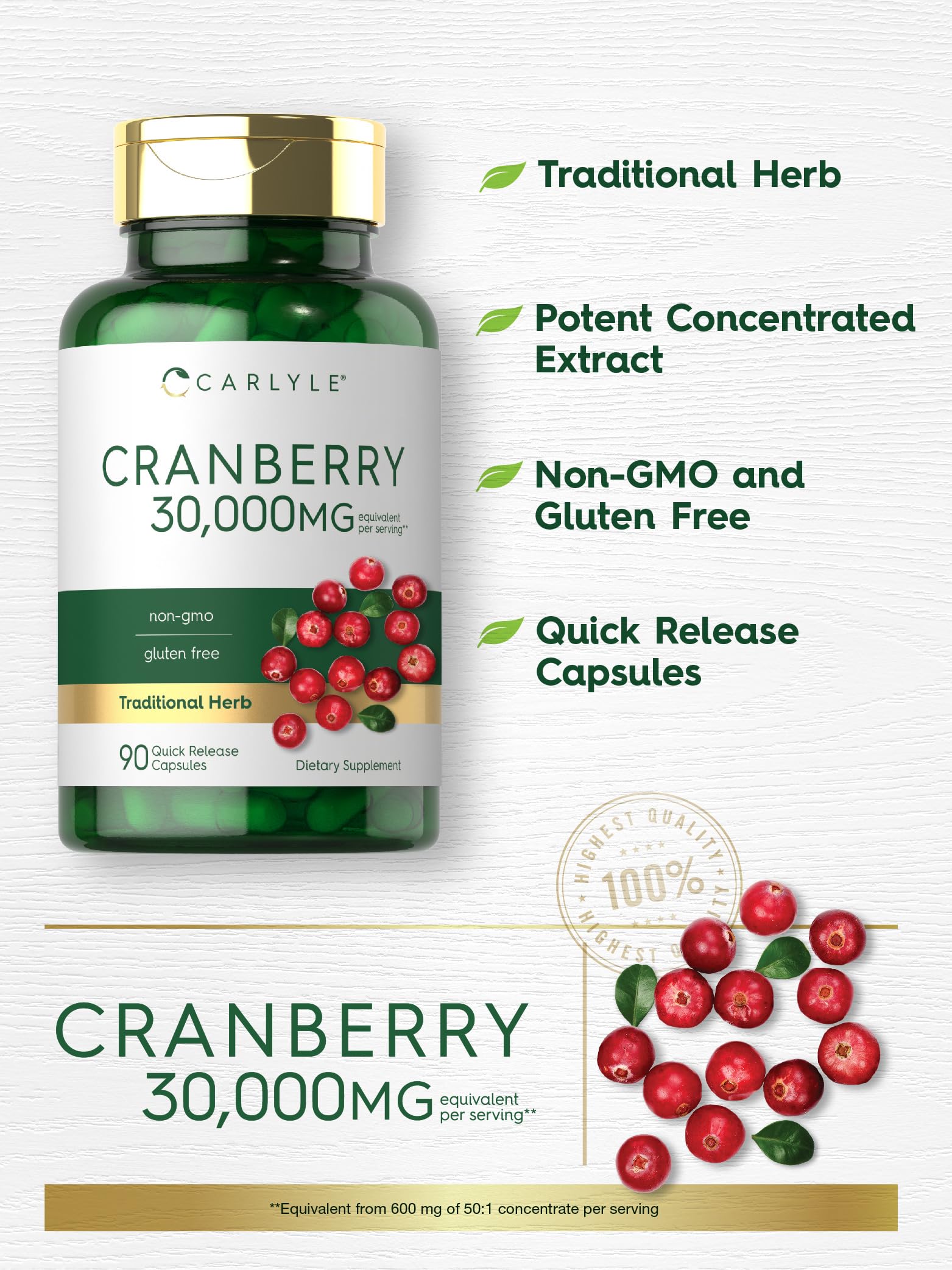 Carlyle Cranberry Supplement label detail highlights non-GMO and gluten-free ingredients.