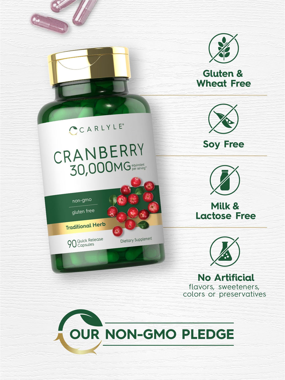 Carlyle Cranberry Supplement packaging box communicates premium quality and lab-tested assurance.