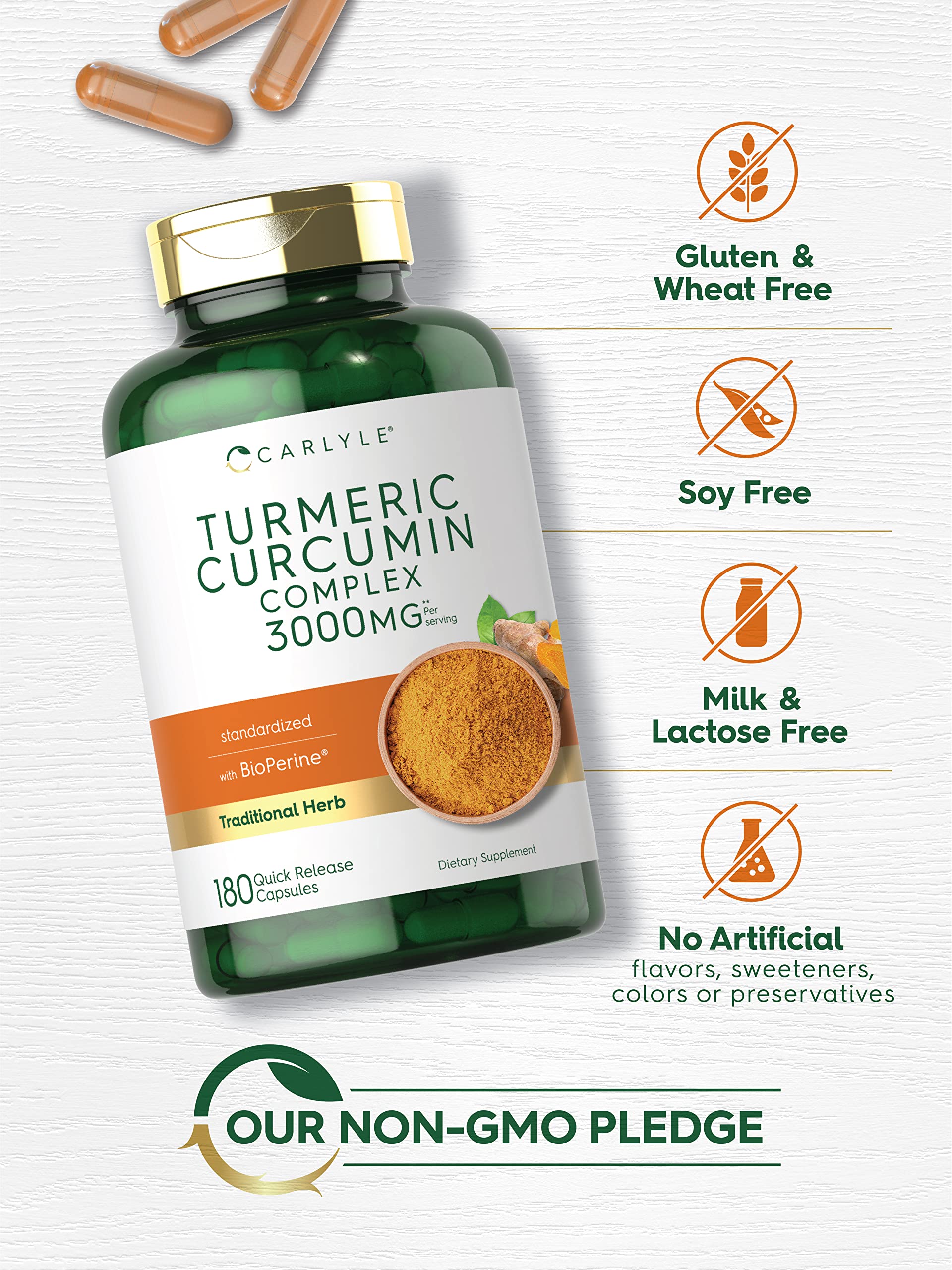 Standardized curcuminoids blend on Carlyle label emphasizes consistency and potency.