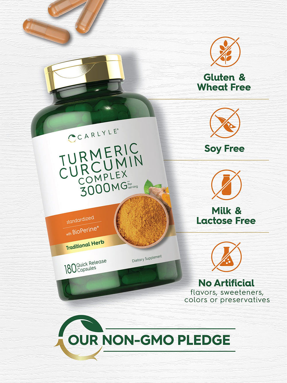 Standardized curcuminoids blend on Carlyle label emphasizes consistency and potency.