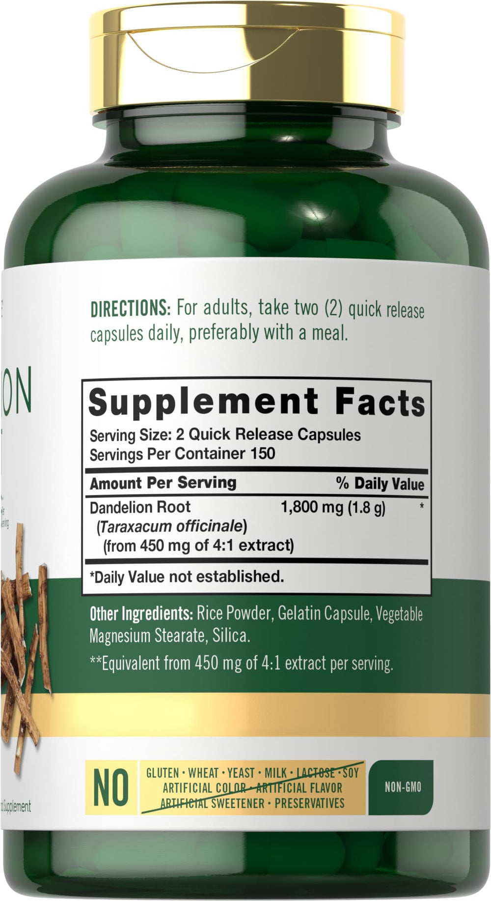 Carlyle Dandelion Root capsules close-up in gluten-free packaging