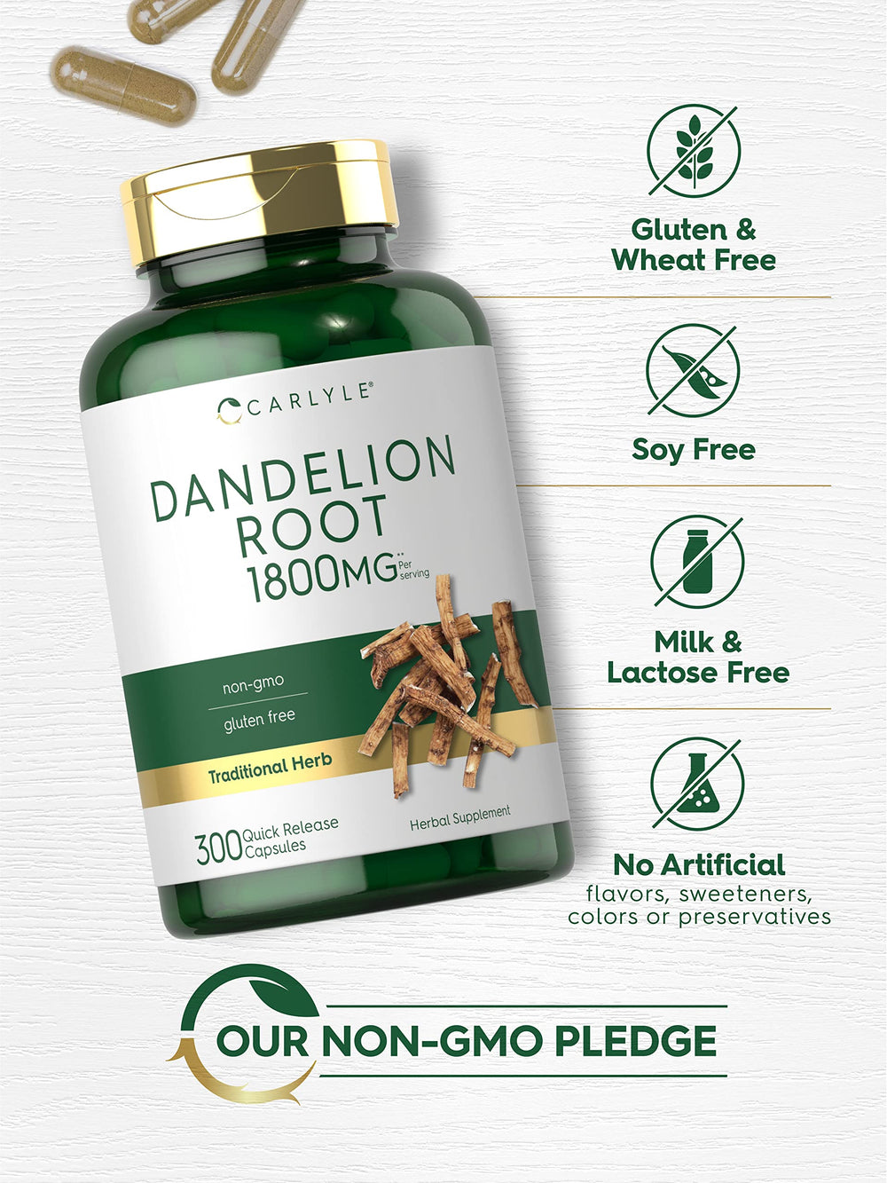 Carlyle Dandelion Root gluten-free seal visible on bottle