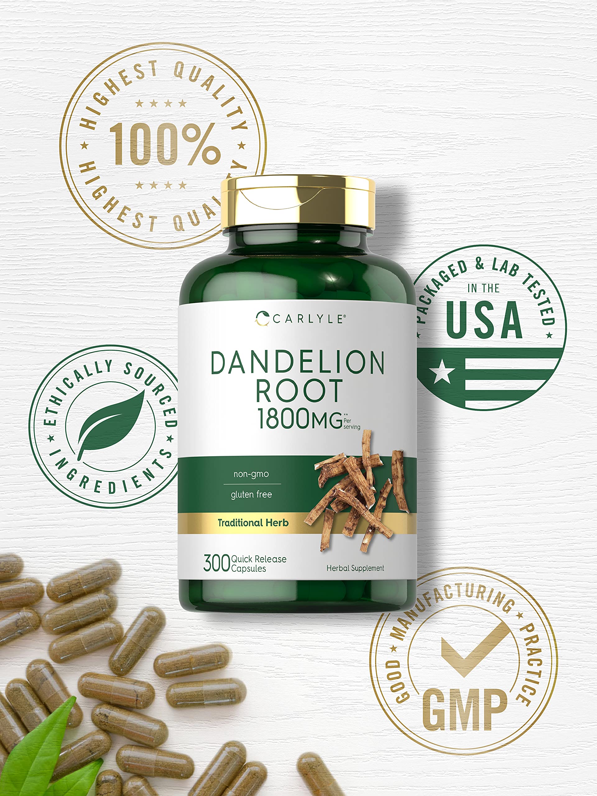Carlyle Dandelion Root bottle displays lab-tested claim for quality