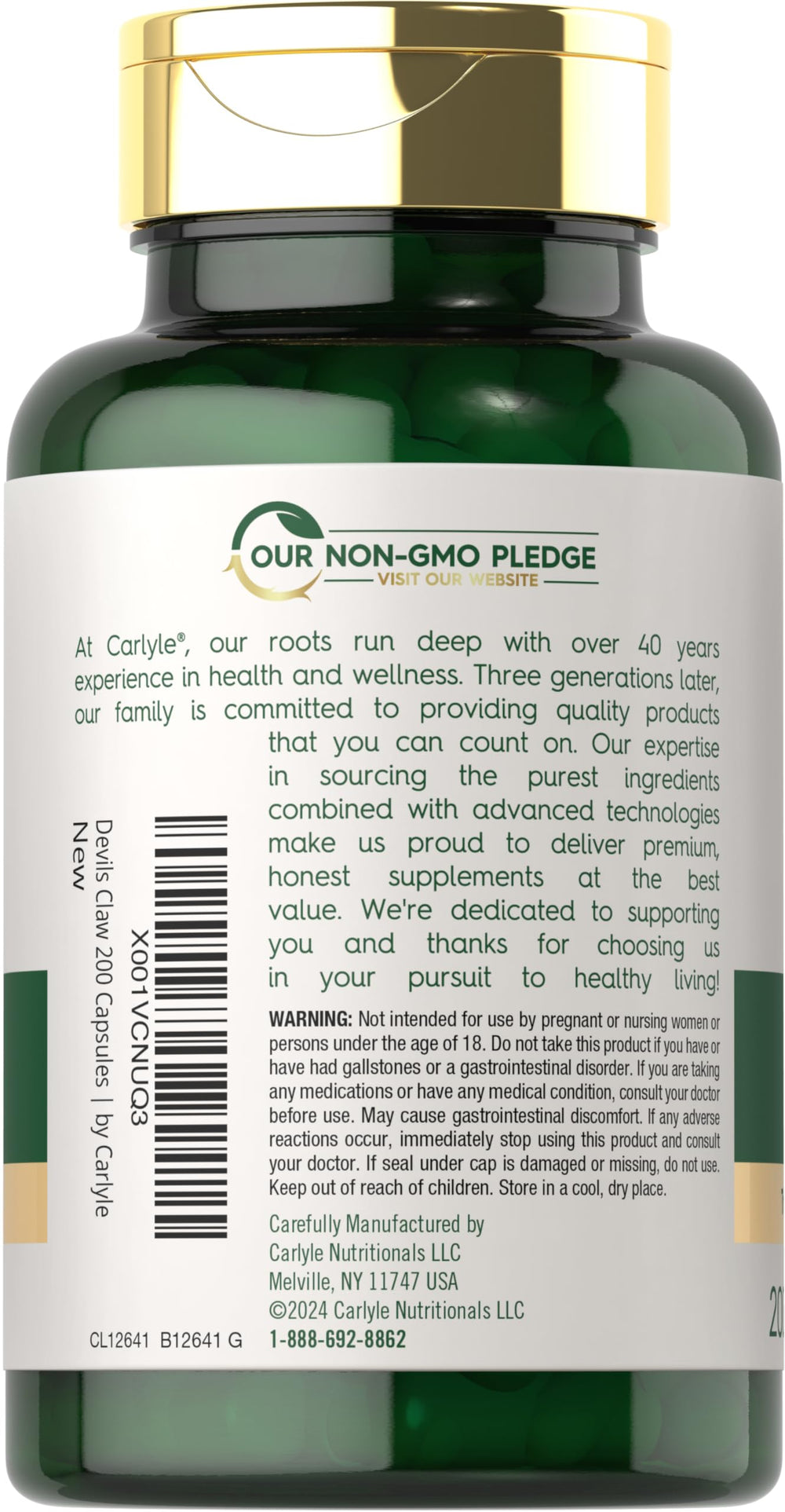 Carlyle Devils Claw 2000 mg capsules outside pack, travel-friendly presentation.