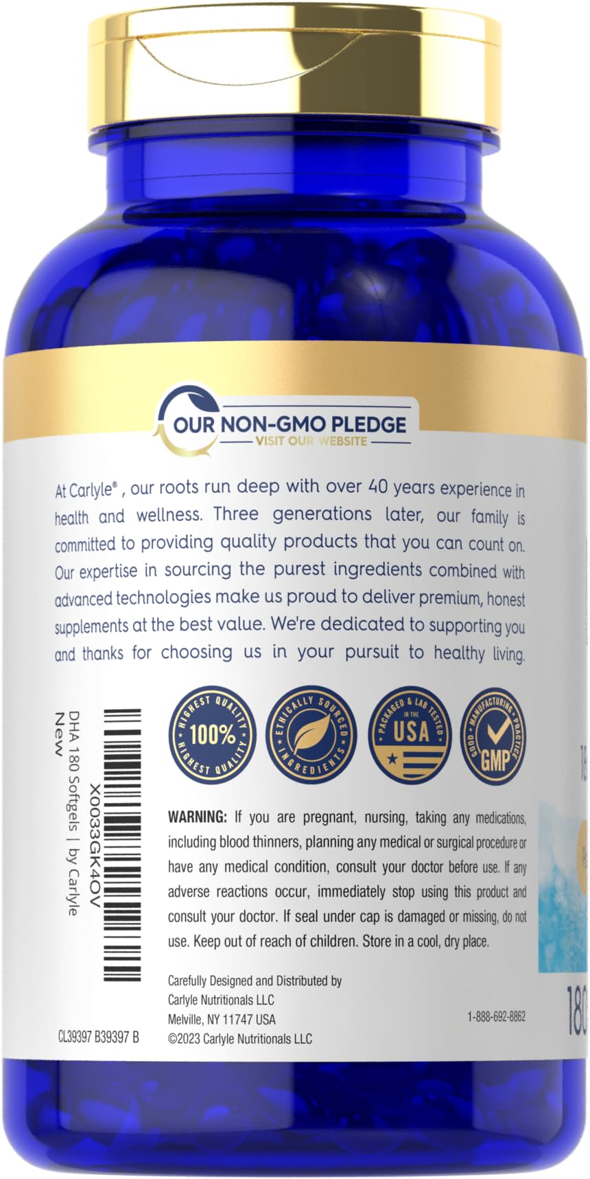 Carlyle DHA label detail emphasizing purified, mercury-free formula