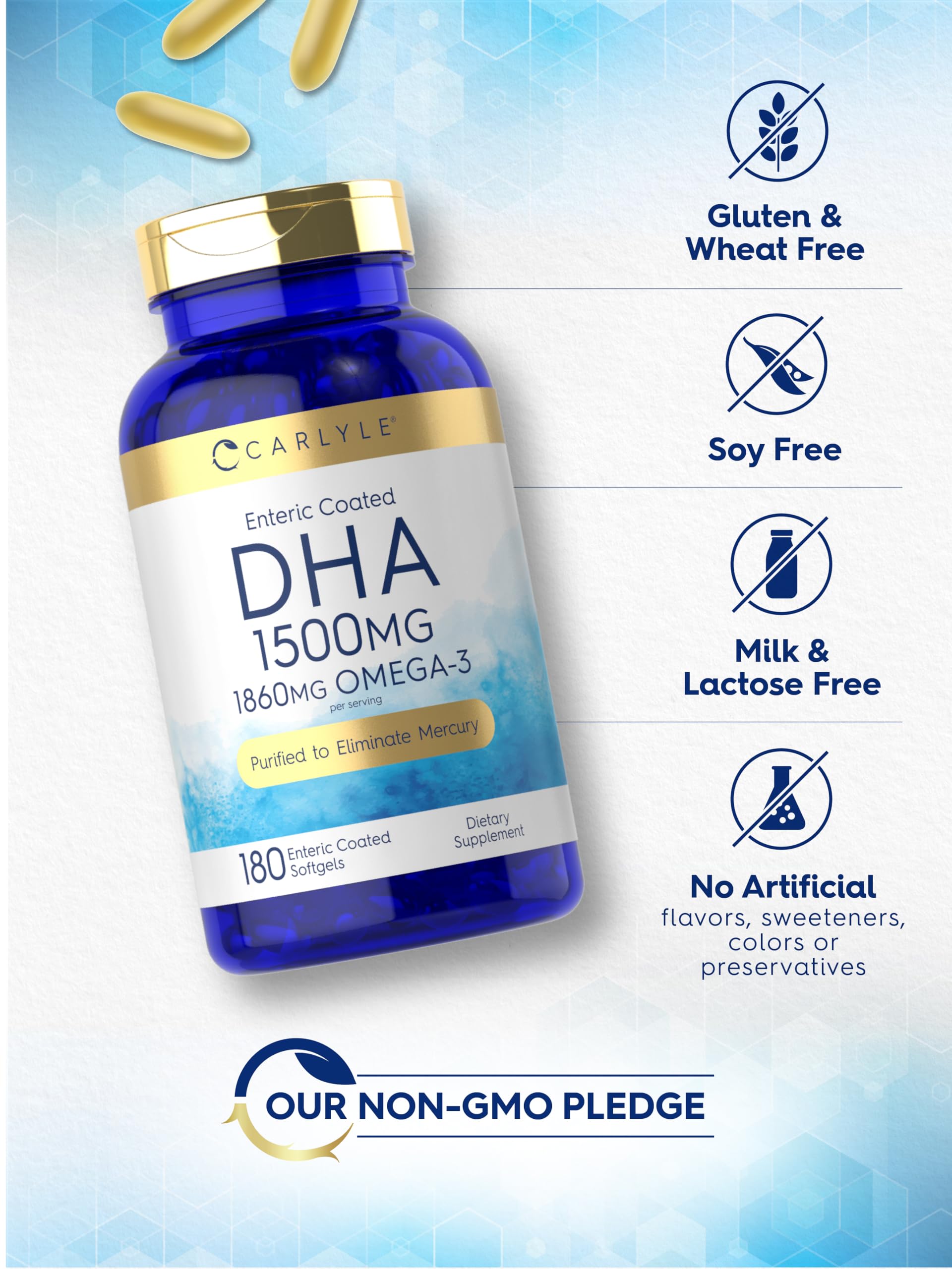 Carlyle DHA gluten-free and non-GMO badge on bottle