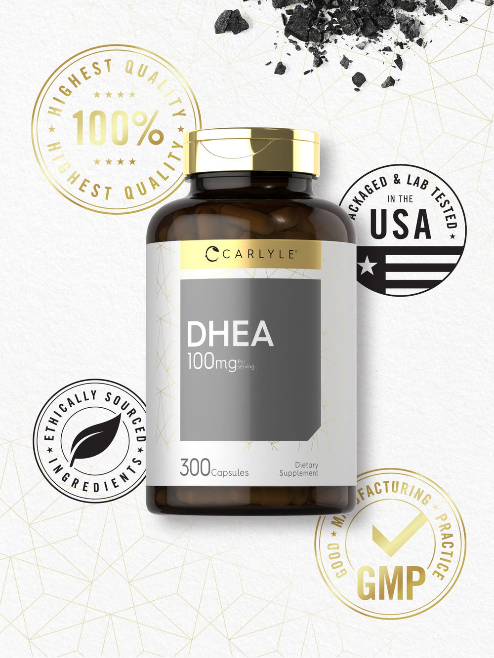 Carlyle DHEA gluten-free packaging demonstrates dietary-friendly choice.