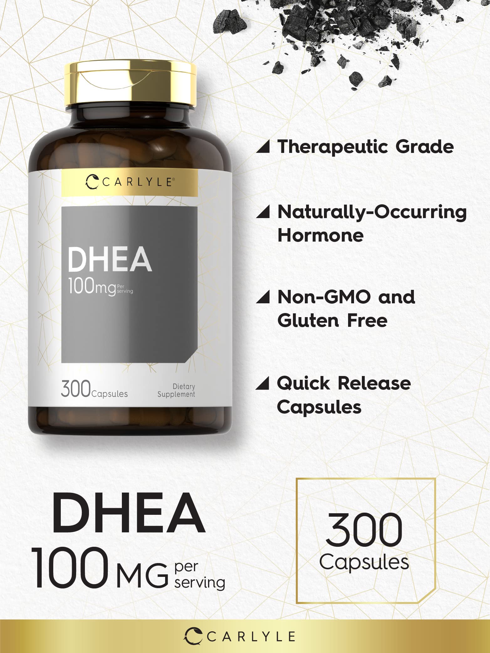 Carlyle DHEA label close-up highlighting Non-GMO and gluten-free features.