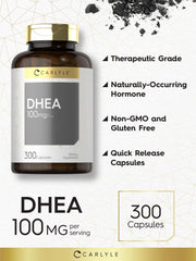 Carlyle DHEA label close-up highlighting Non-GMO and gluten-free features.