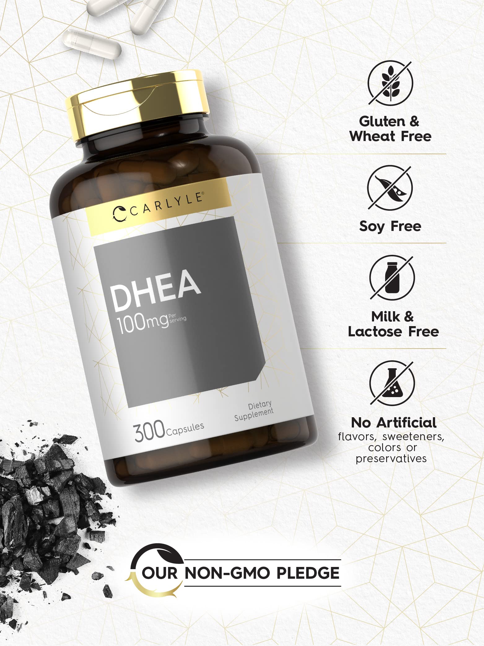 Carlyle DHEA seal on packaging signals Non-GMO status.