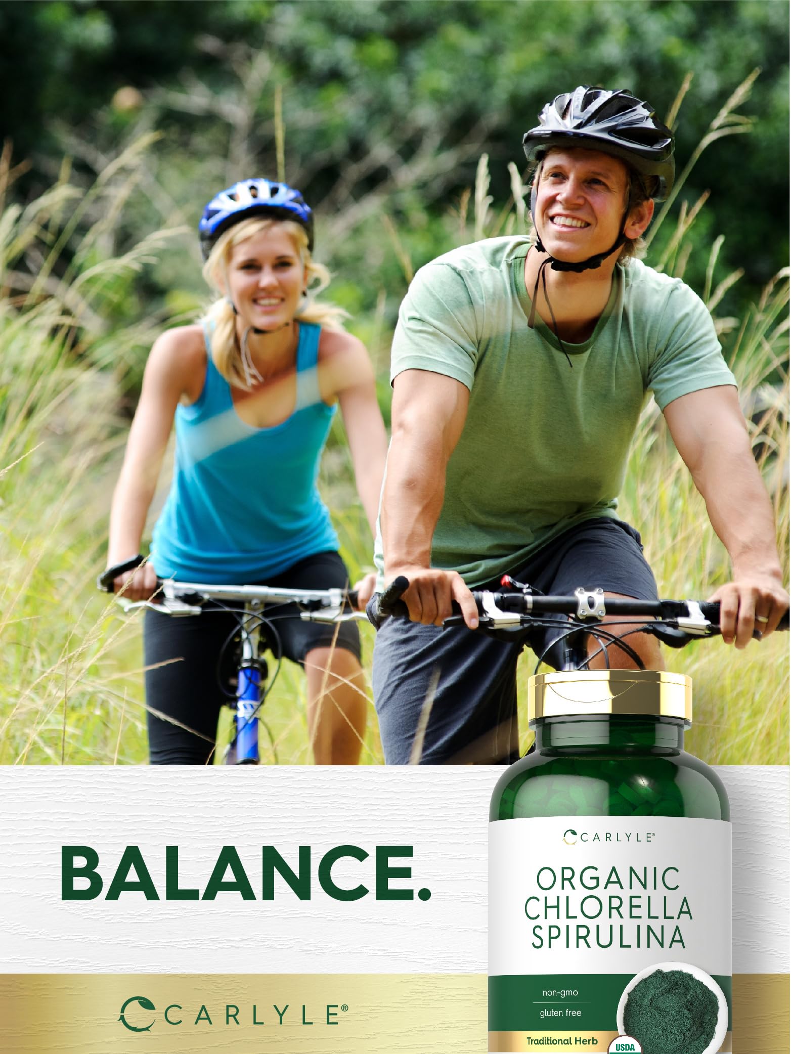 Carlyle dosage label detail showing 500 mg chlorella and 500 mg spirulina