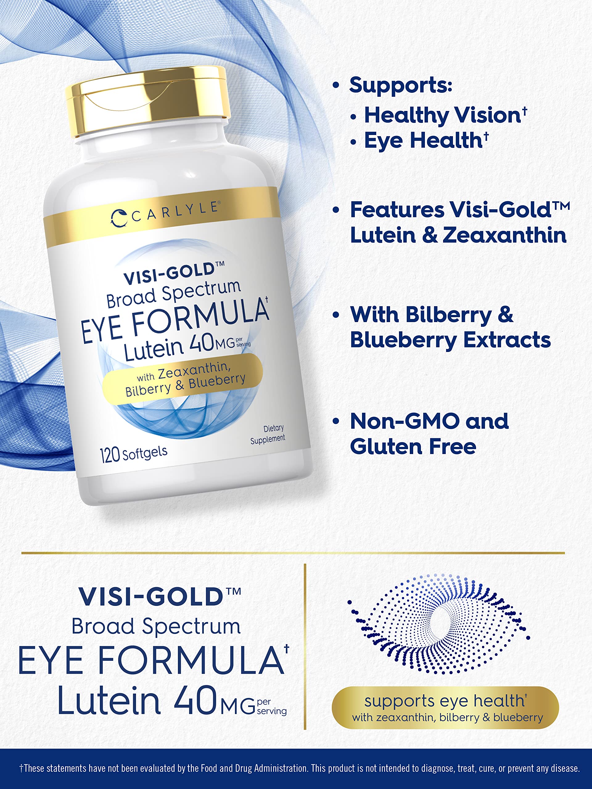 Open Carlyle Eye Health bottle with softgels for reference.
