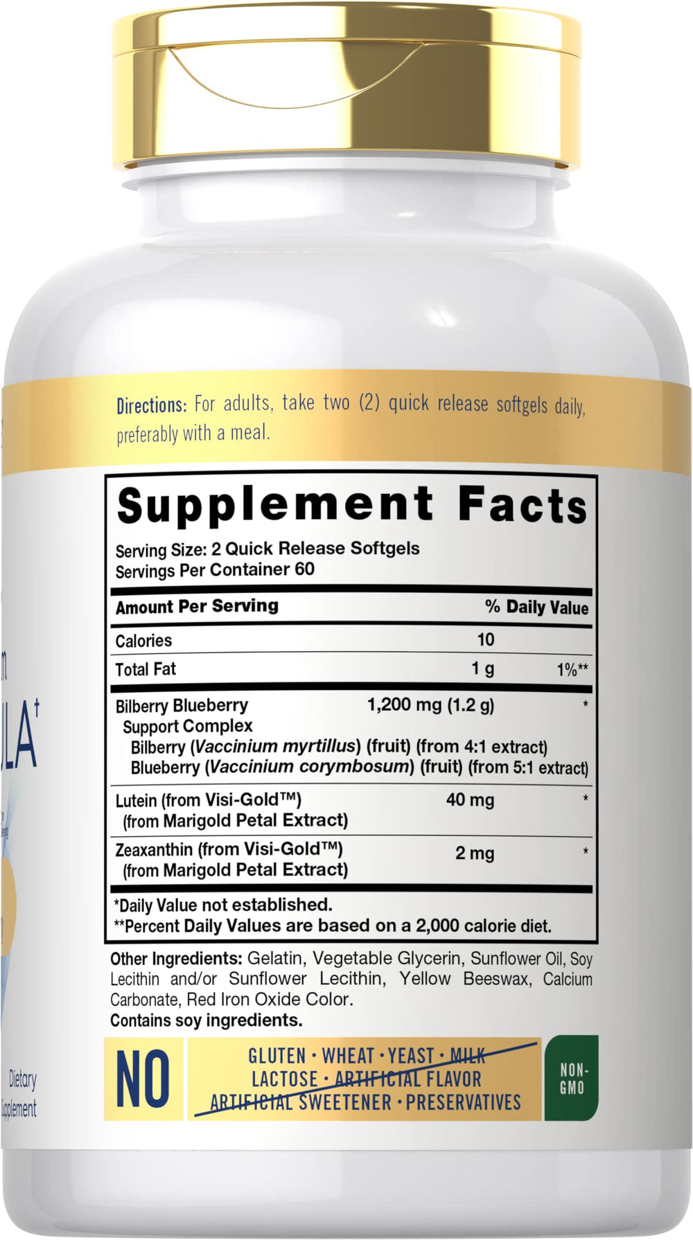Close-up of Carlyle Eye Health bottle label with ingredients and benefits.