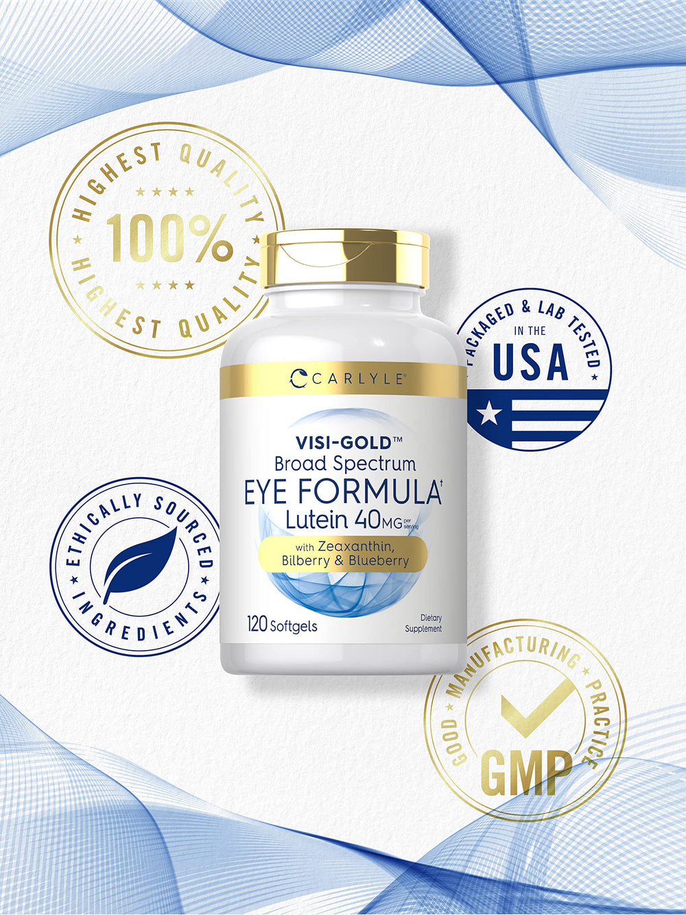 Carlyle Eye Health packaging highlighting Non-GMO and gluten-free.