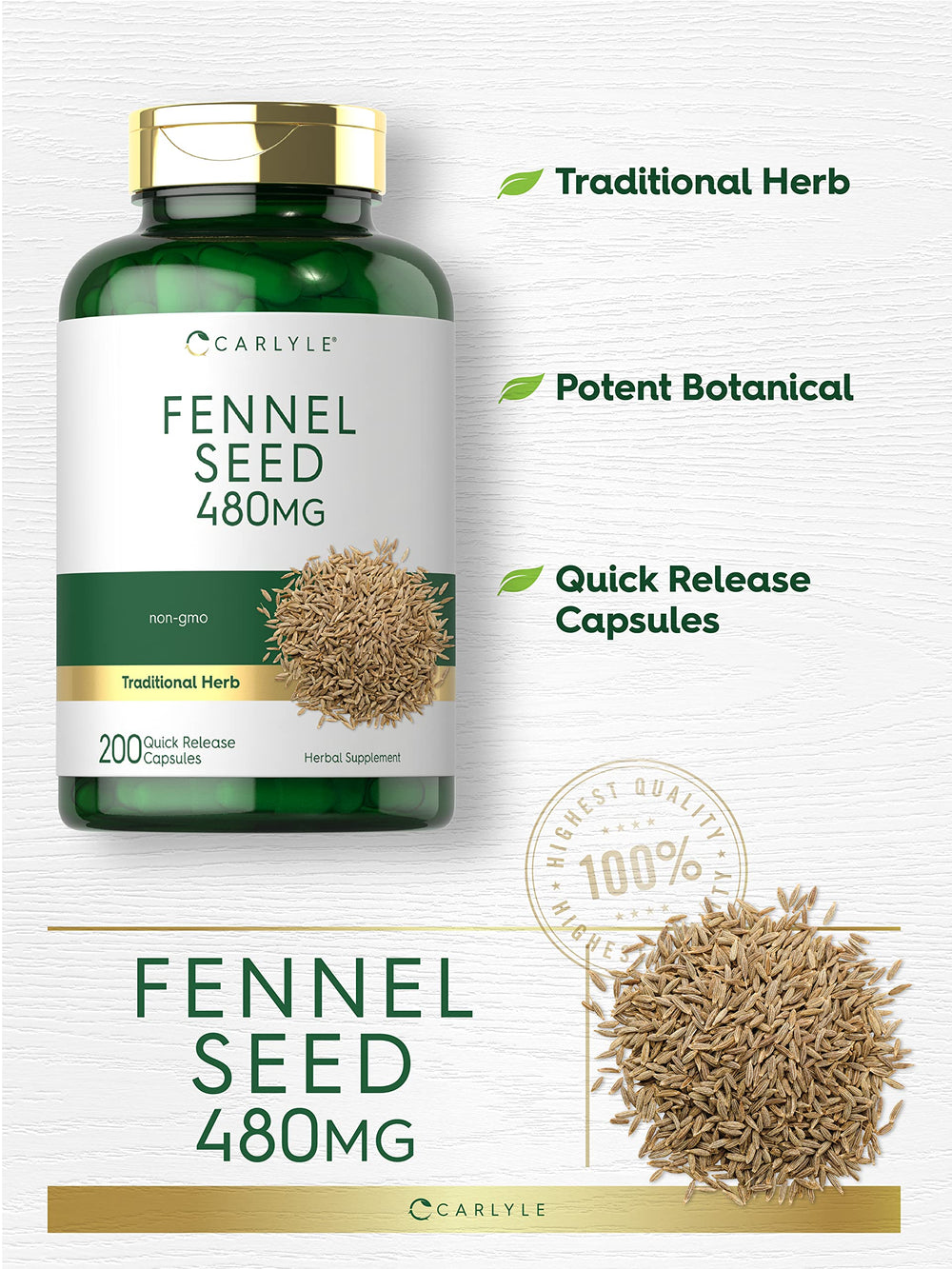 Carlyle Fennel Seed 480mg label showing Non-GMO claim