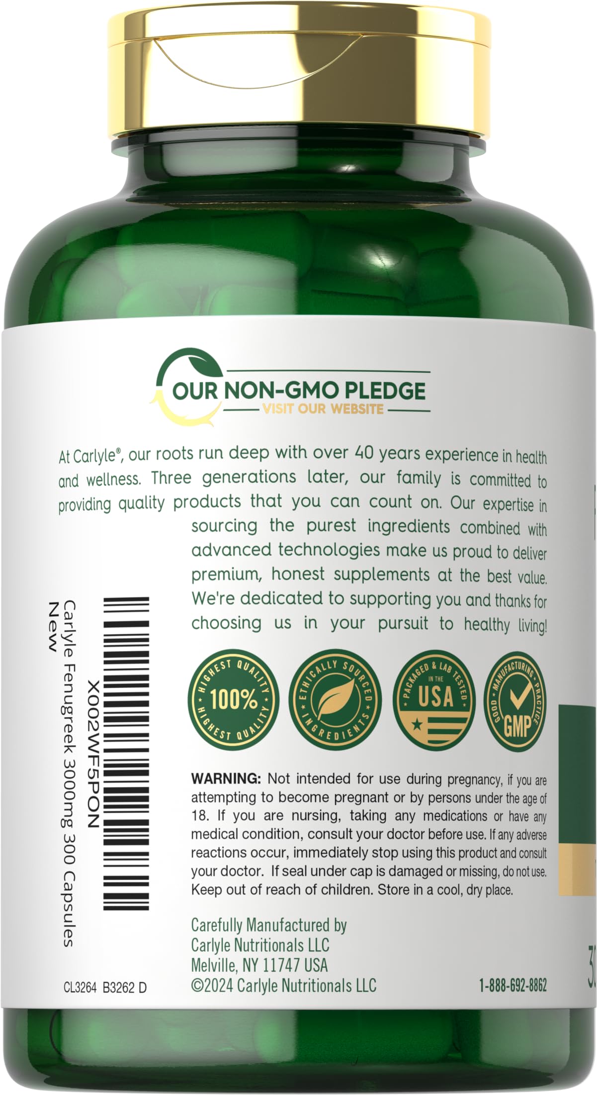 Carlyle Fenugreek capsules dosage illustration showing 300 mg extract per serving.