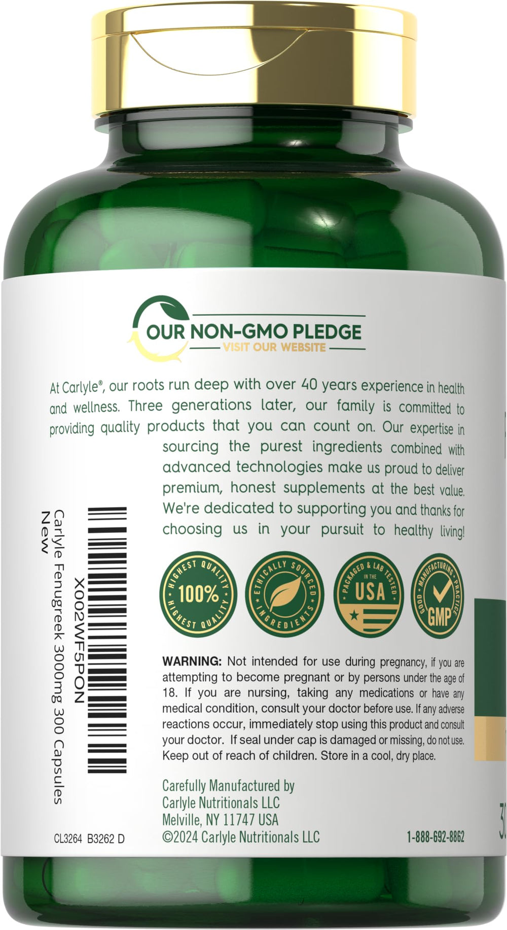 Carlyle Fenugreek capsules dosage illustration showing 300 mg extract per serving.