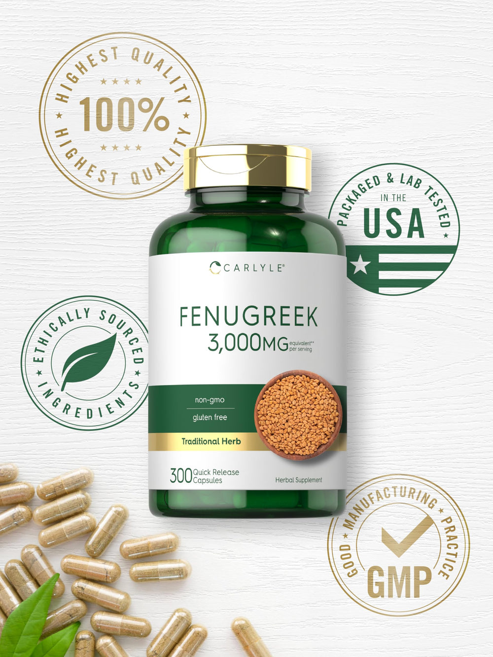 Carlyle Fenugreek capsules being poured into a glass for daily routine.