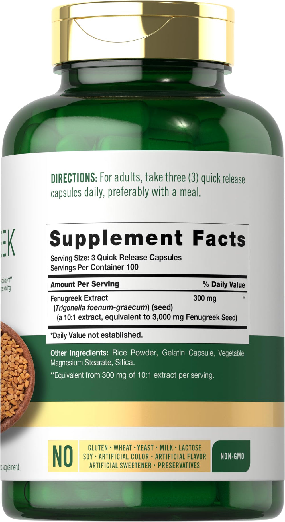 Carlyle Fenugreek capsules label close-up highlighting 300 mg extract per serving.