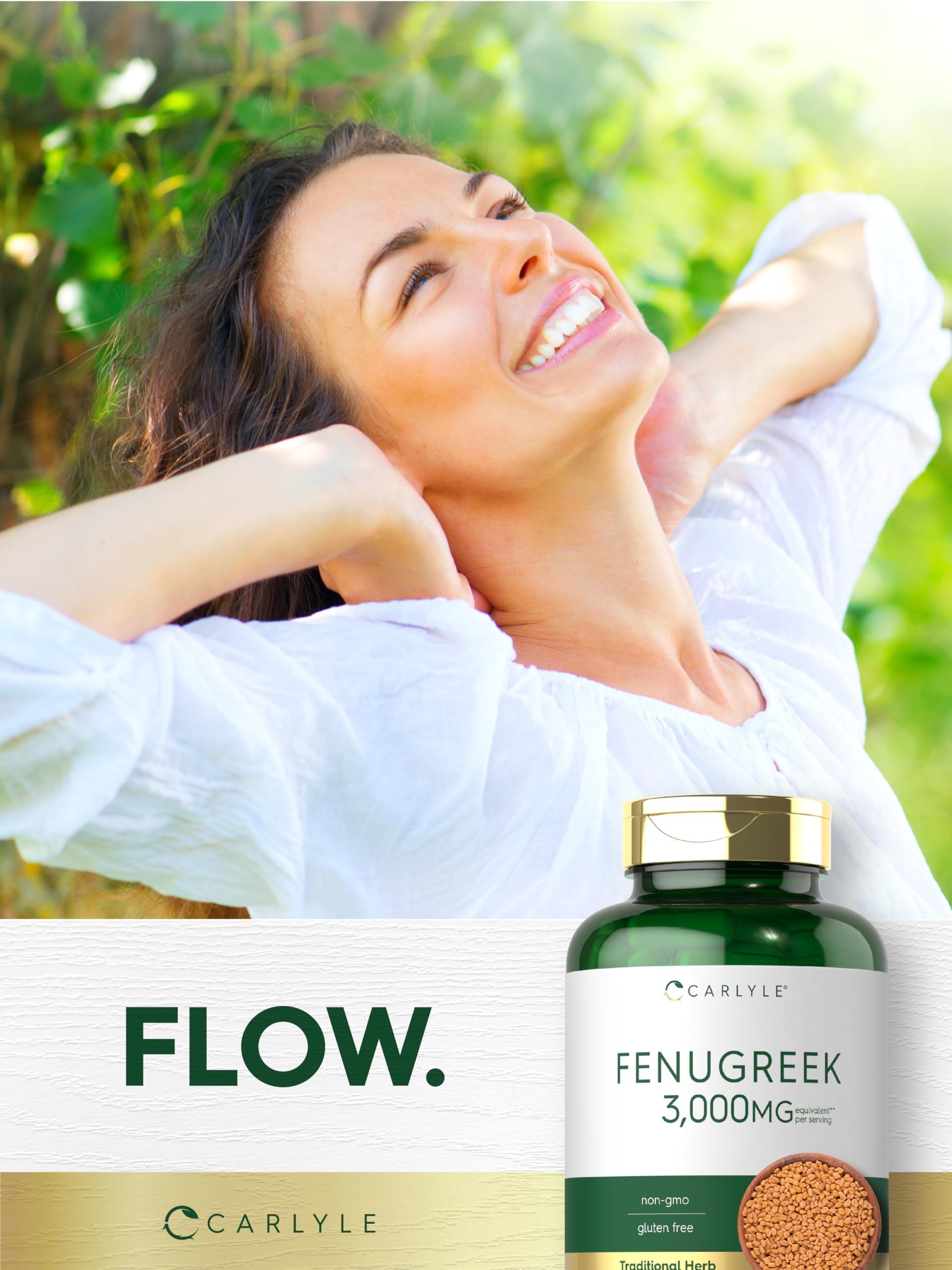 Carlyle Fenugreek capsules box highlighting gluten-free and non-GMO features.