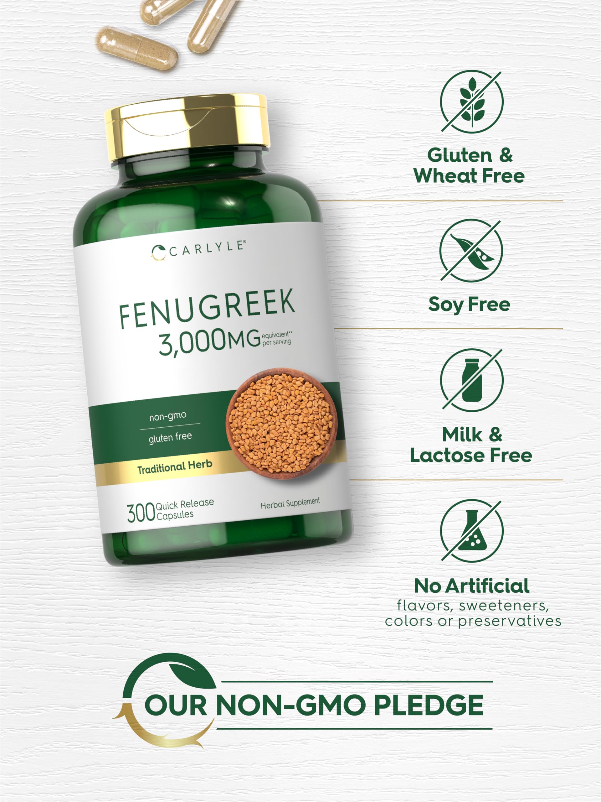 Carlyle Fenugreek capsules packaging on a shelf beside other supplements.