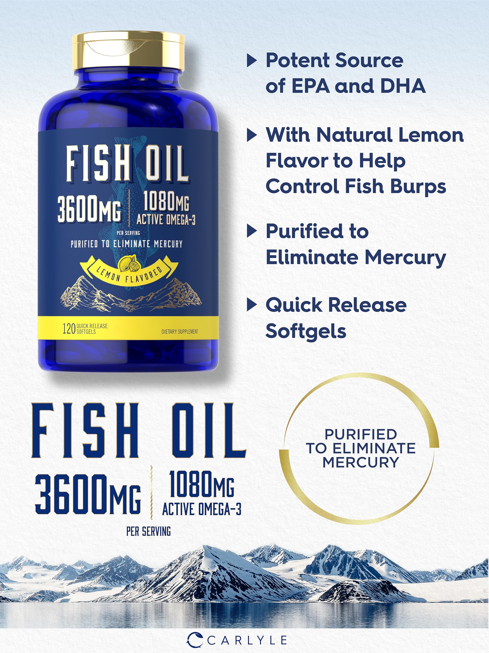 Carlyle Fish Oil lemon flavor label highlighting taste.